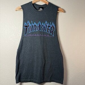 Thrasher Magazine Tank Top Sleeveless Gray Flame Logo Skater Streetwear‎
